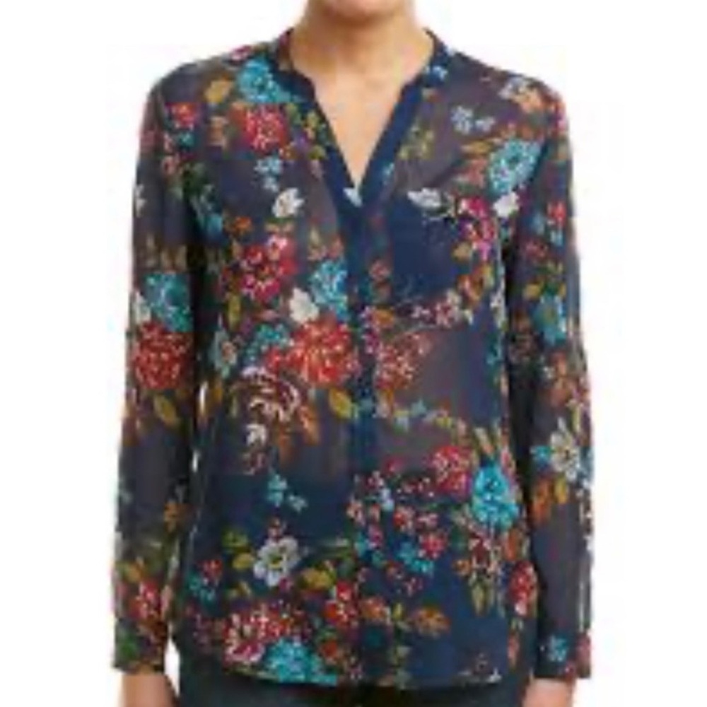 KUT Floral‎ Boho Artsy Retro V neck Sheer Blue Blouse Top L